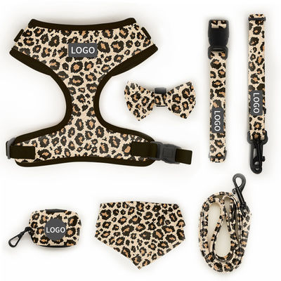 Beli Polyester Leopard Print Pet Harness Sets Logo Adjustable Collar Leash Mesh Dog Harness pembuatan online