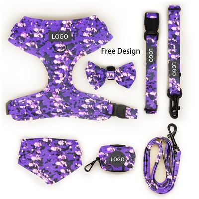 Custom Print Pattern Designer Soft Padded Dog Harness Set dengan Adjustable Vest Collar Leash dan Bow Bandana dalam Berbagai Warna